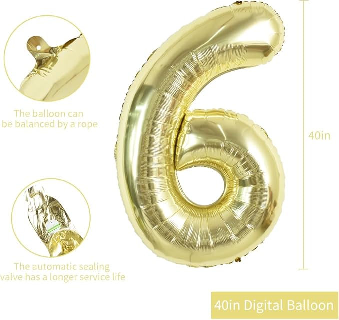 TONIFUL 40 Inch Light Gold Large Numbers Balloon 0-9 Birthday Party Decorations,Foil Mylar Big Number 6 Balloon Digital 6 for Birthday Party,Wedding, Bridal Shower,Engagement,Graduations,Anniversary