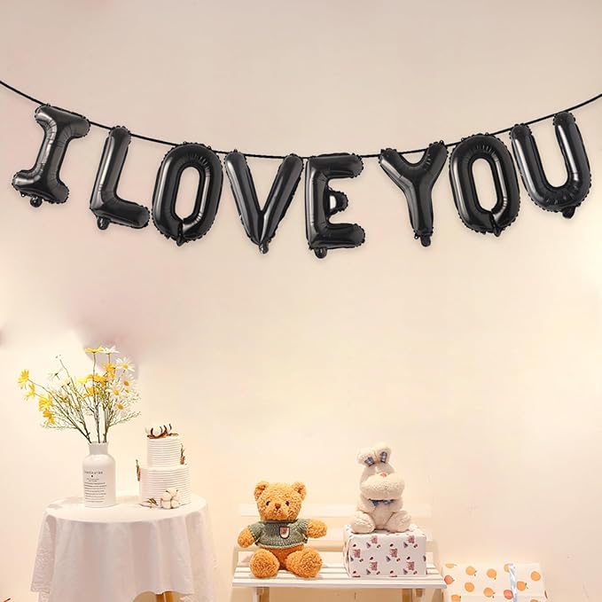 2 Set 16Pcs Black I LOVE YOU Letter Balloons 16in Balloon Foil Letter Decorations Party Decor Black Letter Balloons I LOVE YOU Party Supplies