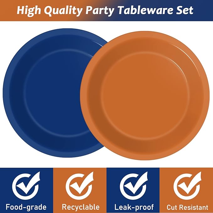 Wiooffen 48 Pcs Orange Blue Party Plates Birthday Party Disposable Paper Dessert Plates Supplies Decorations Dart War Theme Plates Tableware for Birthday Baby Shower