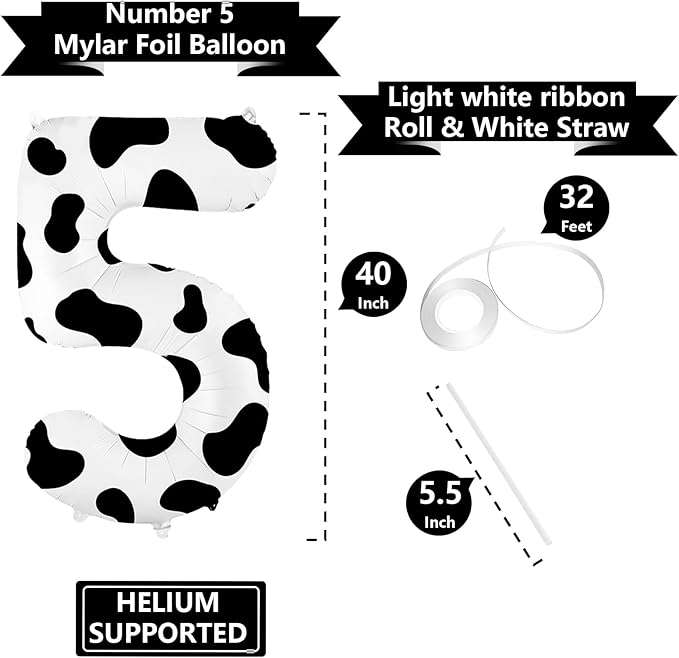 40 Inch Cow Print Balloon, Number 5 balloons Cow Balloons for 5st birthday decoration, Large Cow Number Balloons for western party decorations Baby Shower Animal Theme Party Holiday Decor