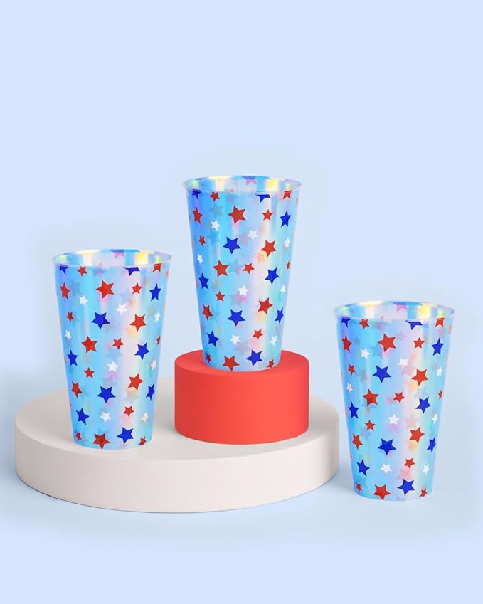 xo, Fetti Fourth of July Decorations Iridescent Plastic Cups - 16 Disposable 16 oz Cups | USA Party Favors, American Flag Party Supplies, 4th of July Decorations, Red White and Blue Decor