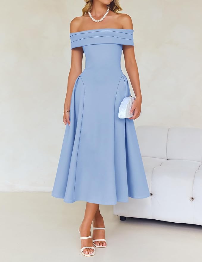 ZESICA Summer 2026 Cocktail Dresses for Women's Off Shoulder Short Sleeve Swing A Line Wedding Evening Party Midi Dress