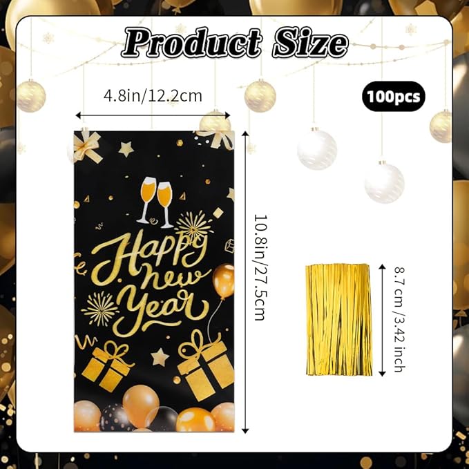 Happy New Year Cellophane Treat Bags, 100 PCS Candy Goodie Gift Bags for New Years Eve Party Favors, Black Gold Plastic Cookie Snack Bag with Twist Ties for 2026 NYE Party Holiday Decorations Supplies