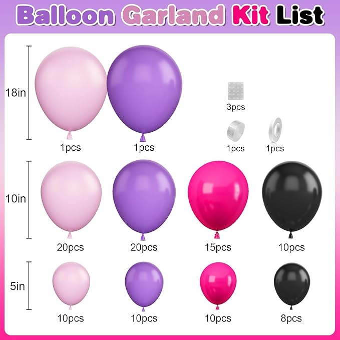 Hot Pink and Purple Balloon Arch Garland Kit, Rose Red Black Pink Purple Latex Balloon, Party Balloons for Girls Boys Birthday Party Decor Supplies
