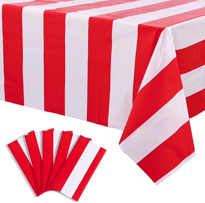 Kesfey 5 Packs Red and White Horizontal Striped Tablecloth 54 x 108 Inch Carnival Circus Theme Party Table Cloths Decorations Waterproof Rectangle Red Striped Tablecover for Picnic Birthday Party