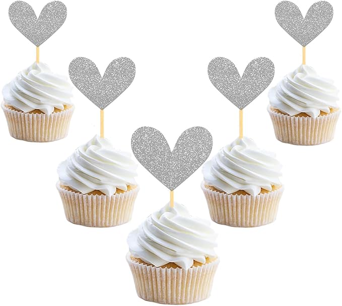 24Pcs Glitter Heart Cupcake Toppers for Valentine's Day Decorations, Mixed Size Double-Sided Heart Valentine's Day Cupcake Toppers for Wedding Bridal Shower Party Decorations (Silver)