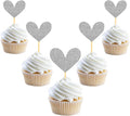 24Pcs Glitter Heart Cupcake Toppers for Valentine's Day Decorations, Mixed Size Double-Sided Heart Valentine's Day Cupcake Toppers for Wedding Bridal Shower Party Decorations (Silver)