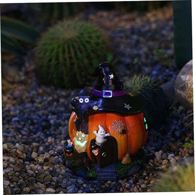 Halloween Statue Resin Luminous Witch Pumpkin Ornament Waterproof Halloween Pumpkin Decorations for Garden Outdoor Halloween Ornaments for Garden Haunted House Props Halloween Resin Ornaments Hallowee