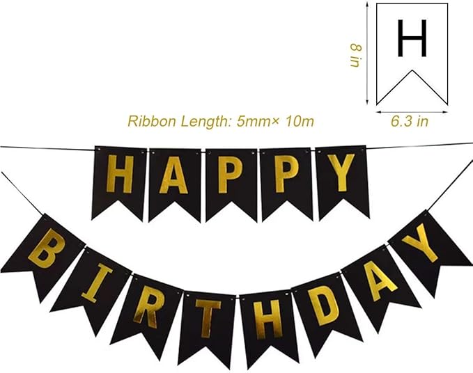 Tellpet Black HAPPY BIRTHDAY Banner with 5 pcs Gold Confetti Balloons