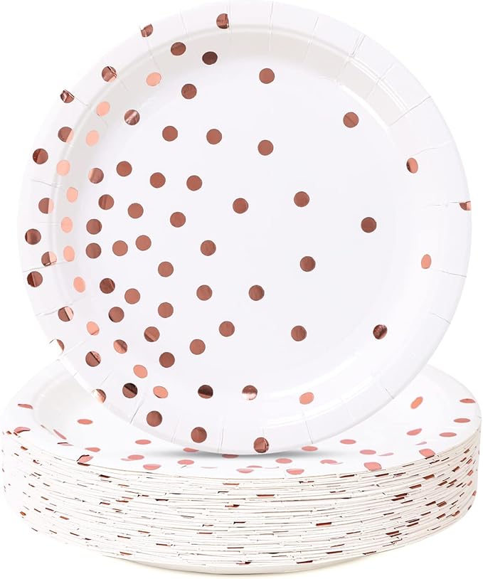 White and Rose Gold Party Supplies, Rose Golde Dot Paper Dessert Plates (50-Count)