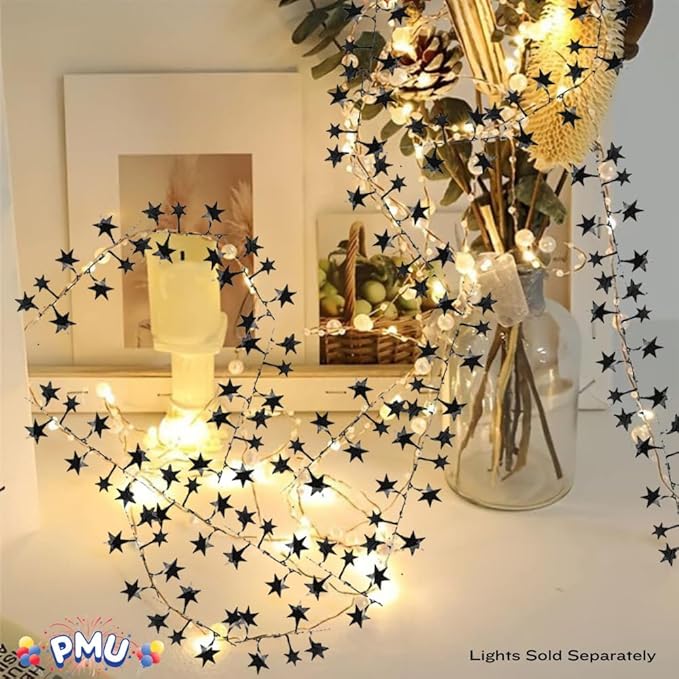 PMU 300 Ft Star Wire Shiny Garland Black Star - Halloween, Christmas Party, Wedding, Birthday, Festive Home Decoration Ornament Black Star (12pc-25Ft Each)