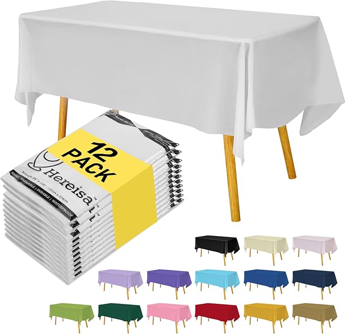Premium Disposable Table Cloth - 12 Pack, 54 x 108 Inch Table Cloths for Parties, Decorative Tablecloths for Rectangle Tables, White Plastic Table Cover, Leakproof & Sturdy, White