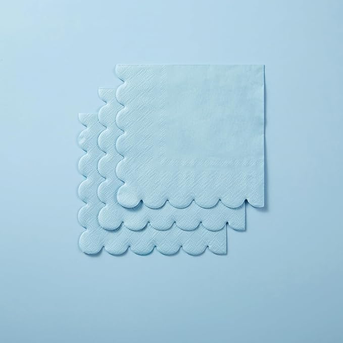 100 Pack Cocktail Napkin 2-Ply Scalloped Edged Dessert Napkins Folded 5 x 5 Inches Disposable Napkins for Dinner Wedding Birthday Party Bridal Anniversary Reception Event (Light Blue)