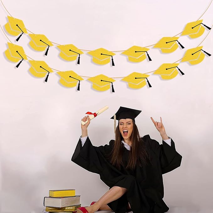 2026 Graduation Hat Banners Garlands Gold Glitter Graduation Party Decoration Banners Graduation Cap Banners Garlands Class of 2026 Graduation Party Banners for College High School