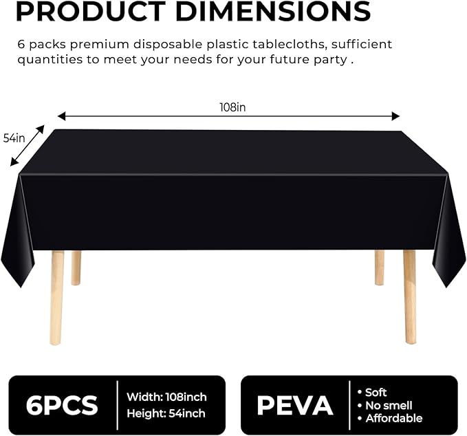 6 Pack Premium Disposable Plastic Tablecloth 54" x 108" Party Table Cloths Disposable for 6 to 8 Foot Tables Indoor or Outdoor Parties Birthdays Weddings Christmas Anniversary Buffet Table (Black)