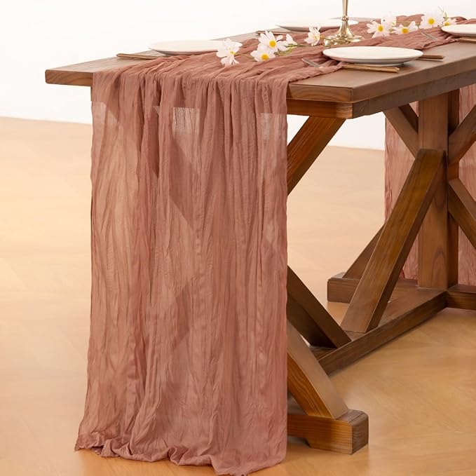 Socomi 10pcs Dusty Rose Easter Spring Cheesecloth Table Runner Boho Rustic Gauze 120 inch 10FT Cheese Cloth Runner for Wedding Party Baby Shower Birthday Home Decor Holiday Decorations