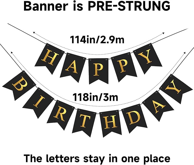 Black Happy Birthday Banner Birthday Party Banner NO DIY Happy Birthday Sign Metallic Gold Pre-Strung Birthday Hanging Decoration for Women Men Girl Boy Party Supplies (Black)