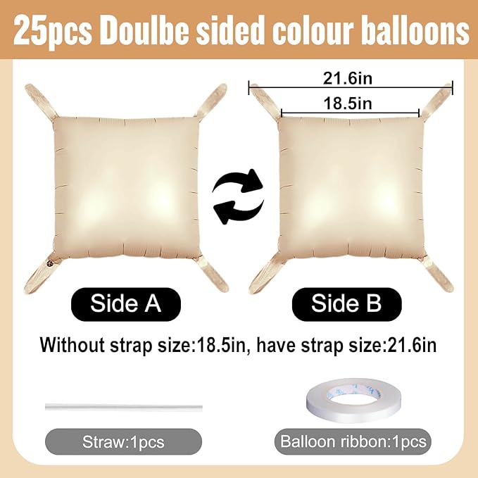 25Pcs Cream White Square Foil Balloons Wall Backdrop, Double Sided Metallic Foil Balloons Tunnel Arch Garland Kit for Photo Booth Birthday Wedding Graduation Halloween Party Decorations