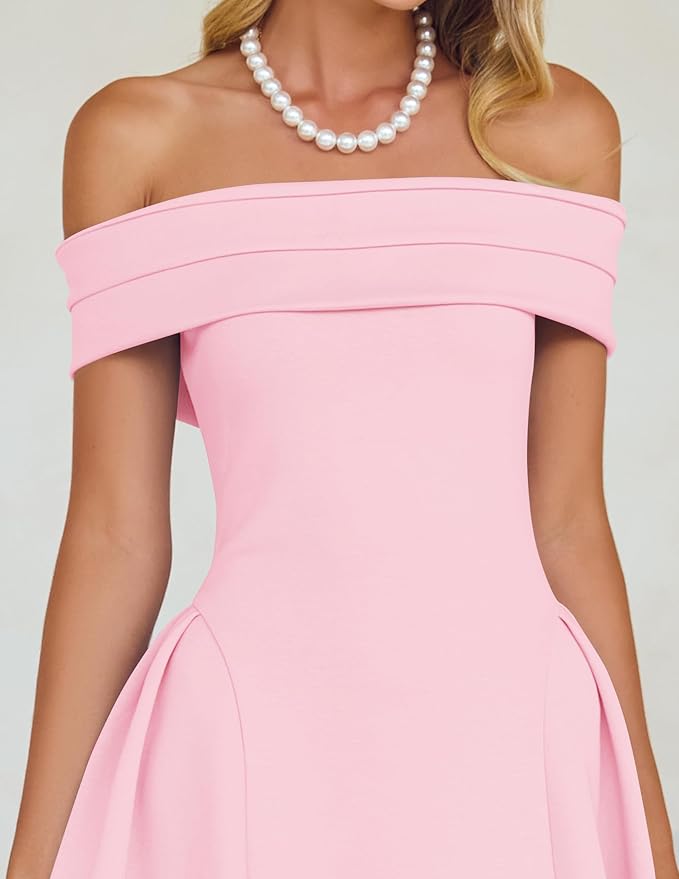ZESICA Summer 2026 Cocktail Dresses for Women's Off Shoulder Short Sleeve Swing A Line Wedding Evening Party Midi Dress