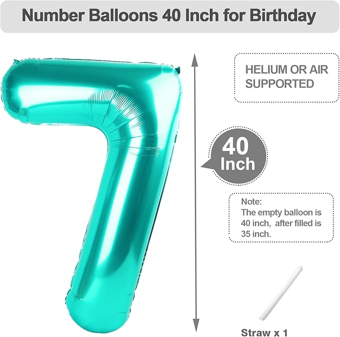 Number 7 Balloon Blue-Green, 17th Birthday Decorations For boys And Girls, 40 Inch Big Balloons for 7, 17, 27, 70 Birthday, Wedding Anniversary, Christmas, New Year, Halloween Party Decoration