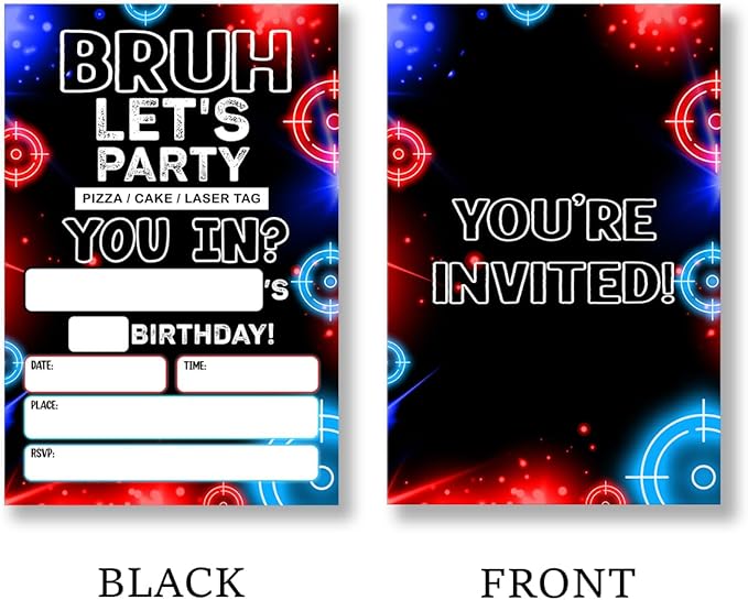 Laser Tag Birthday Invitation Supplies with Envelopes Set of 20 Bruh Neon Glow Laser Party Invite Fill in Blank, Double Sided