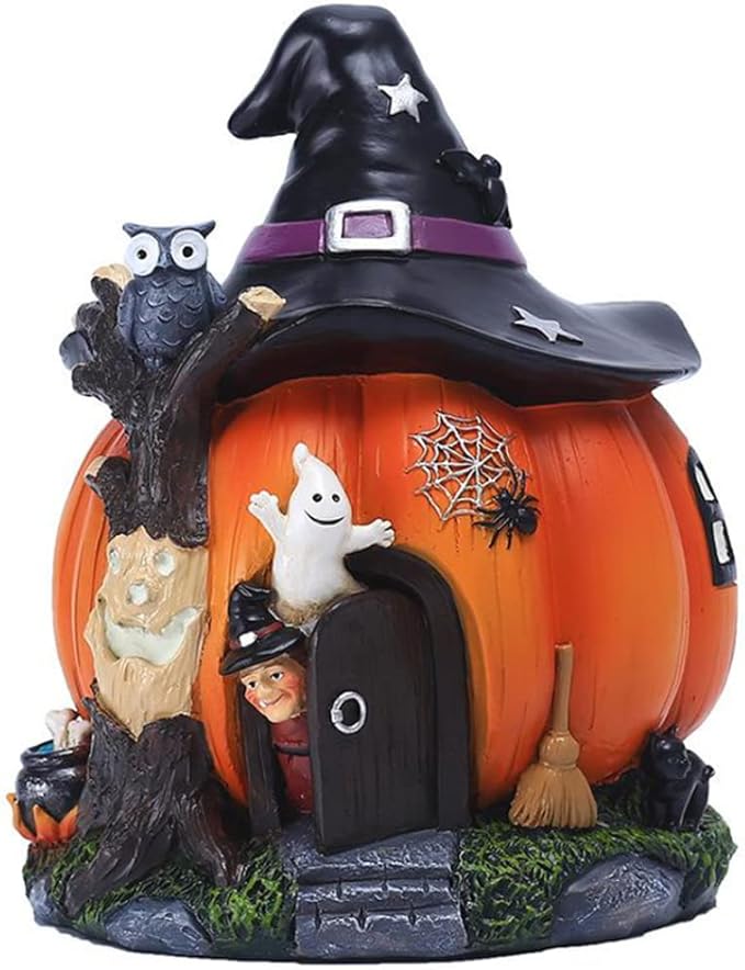 Halloween Statue Resin Luminous Witch Pumpkin Ornament Waterproof Halloween Pumpkin Decorations for Garden Outdoor Halloween Ornaments for Garden Haunted House Props Halloween Resin Ornaments Hallowee