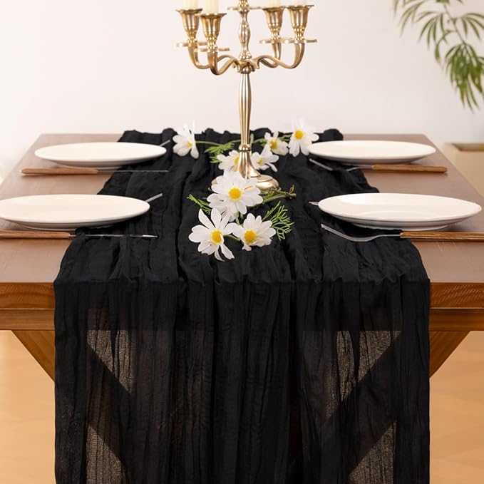 Socomi 3pcs Black Easter Spring Cheesecloth Table Runner Boho Rustic Gauze 120 inch 10FT Cheese Cloth Runner for Wedding Party Baby Shower Birthday Home Decor Holiday Decorations