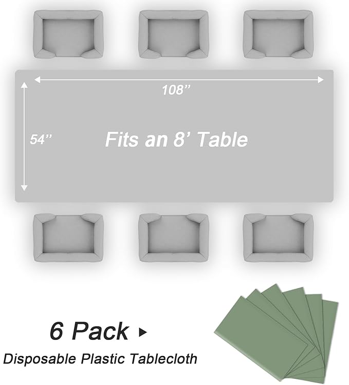 QIKSION Sage Green Plastic Table Cloth Disposable 6 Pack, 54 x 108 Inch Tablecloths for Baby Shower Birthday Bridal Wedding Party Decorations, Rectangle Table Cover