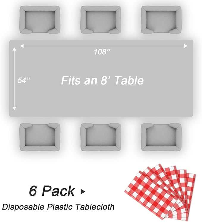 QIKSION Red Gingham Tablecloth Disposable 6 Pack, 54 x 108 Inch Red and White Checkered Table Cloth for Picnic, Outdoor BBQ Decorations, Birthday Party Supplies, Rectangle, Plastic Table Cover