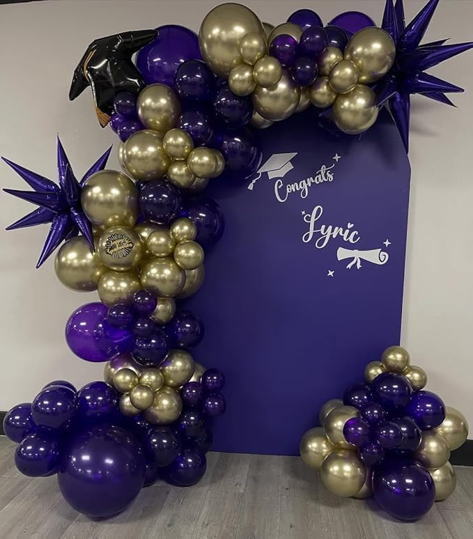 Purple and Gold Balloon Garland Arch Kit - Dark Purple and Metallic Explosion Gold Star Balloons for Birthday Graduation Baby Shower Adults Prom Luxury Violet Royal Party Decorations