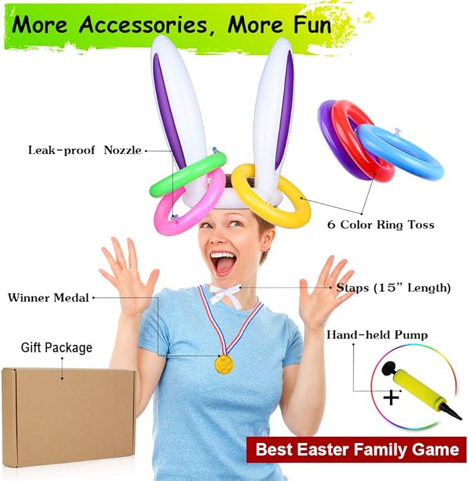 Hoshin 2 Set Inflatable Bunny Ears Ring Toss Game (2 Rabbit-Ear Hats with 12 Ring Toss, 1 Medal and 1 Hand-held Pump) - Great Family Easter Party Games