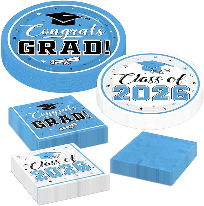 Light Blue Graduation Plates and Napkins Class of 2026 Grad Congrats Party Supplies Disposable Dessert Paper Plates Cocktail Napkins for Sky Blue Graduation Party Decorations,Serve 50