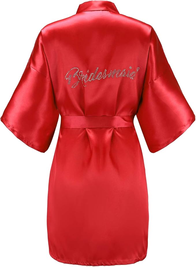 EPLAZA Women's One Size Silver Rhinestones Bride Bridesmaid Short Satin Robes for Wedding Party Getting Ready