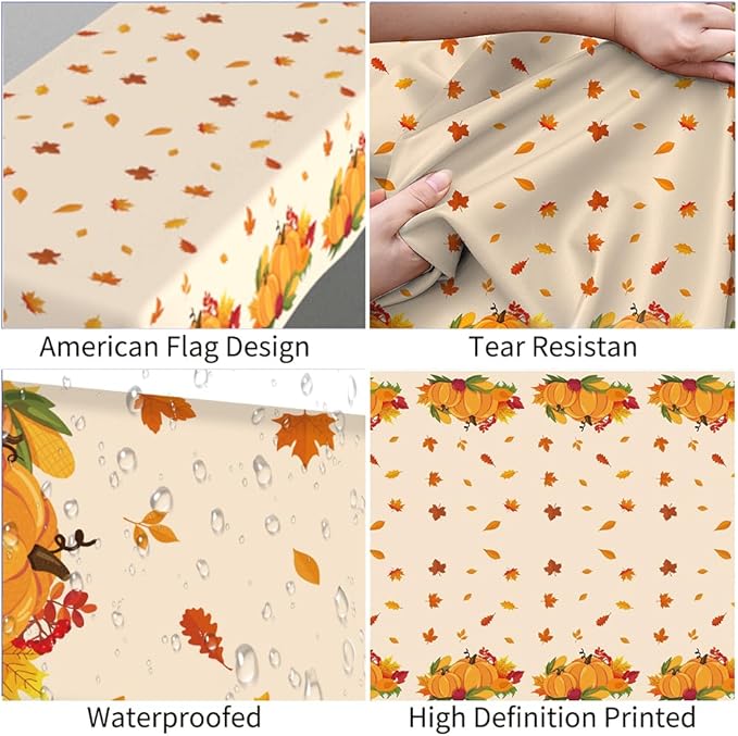 Thanksgiving Tablecloth, 3 PCS Disposable Falls Table Cloth, 54"x108" Plastic Pumpkin Maple Leaves Autumn Rectangle Tablecloth Tables Cover for Thanksgiving Fall Autumn Home Party Table Decorations