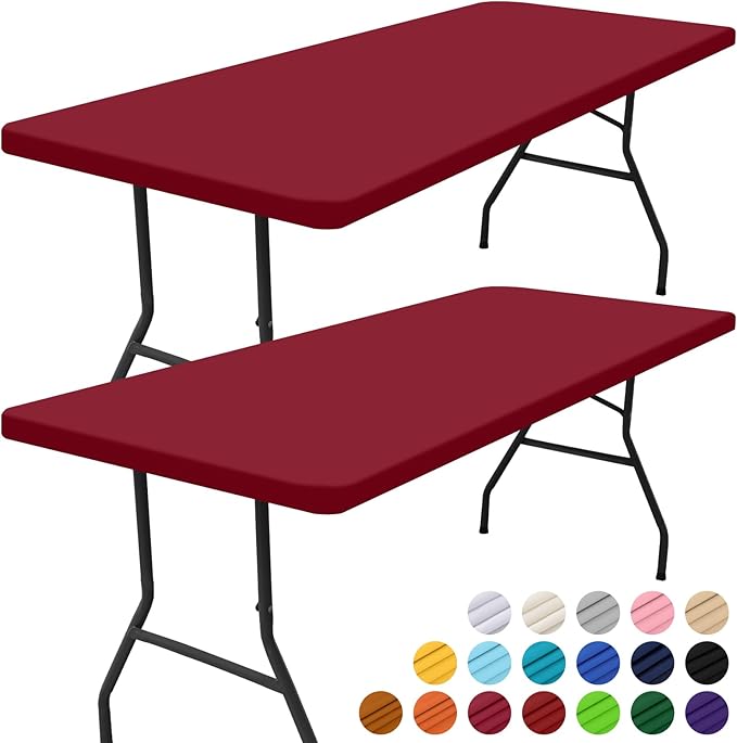 Smiry 2 Pack Rectangle Picnic Table Cloth, Waterproof Elastic Fitted Tablecloths, Washable Polyester Rectangular Patio Table Cover for Camping, Indoor and Outdoor (Wine Red, 30"x96")