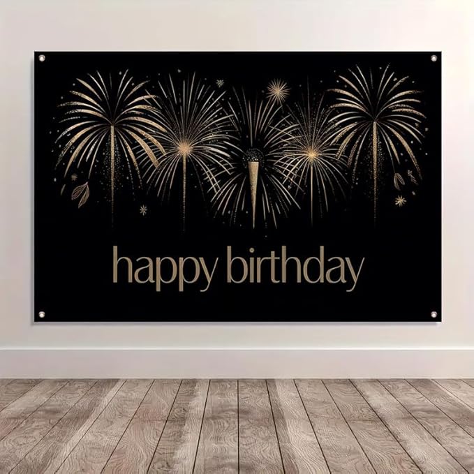 Happy Birthday Decorations Banner 71x43 Inch, Black Gold Fireworks Birthday Backdrop for Adult Party, Large Photo Booth Background Supplies