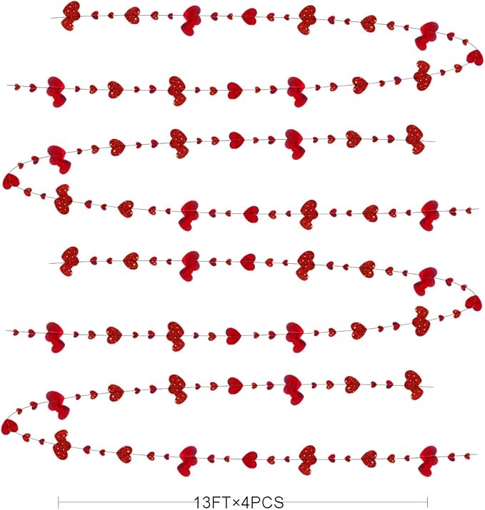 52Ft Valentines Day Party Decorations Red Heart Garland Metallic Glitter Hanging Heart Streamer Banner for Anniversary Mother's Day Engagement Wedding Bridal Shower Bachelorette Hen Party Supplies