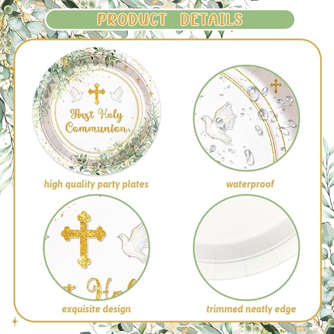 194 Pcs Greenery First Holy Communion Baptism Party Decorations Supplies Mi Primera Comunion Party Decorations God Bless Disposable Tableware Set with Plates Napkins and Tablecloth Serves 24