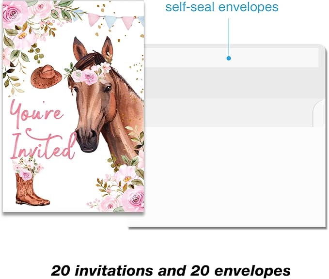 Soiceu Floral Horse Birthday Party Invitations with Envelopes Set of 20 Girl Saddle Up Watercolor Cowgirl Horse Invitations Invites Fill in Blank
