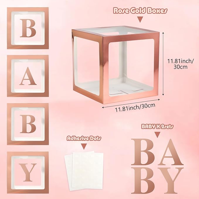Baby Boxes with Letters for Baby Shower, 4 Transparent Balloon Boxes for Gender Reveal, Wedding, Birthday Decorations (Rose Gold)
