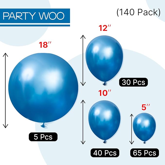 PartyWoo Metallic Blue Balloons 140pcs Different Sizes of 18 12 10 5 Inch Chrome Blue Latex Balloons for Graduation Wedding Baby Shower Wedding Bachelorette Birthday Party Decorations Blue-G106