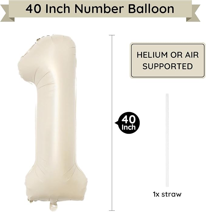 40 Inch Beige Number Balloon 1, Large Cream Number Foil Mylar Balloons for Birthday Party Celebration Decorations Supplies, Digital Balloons for Wedding Anniversary Events Decorations