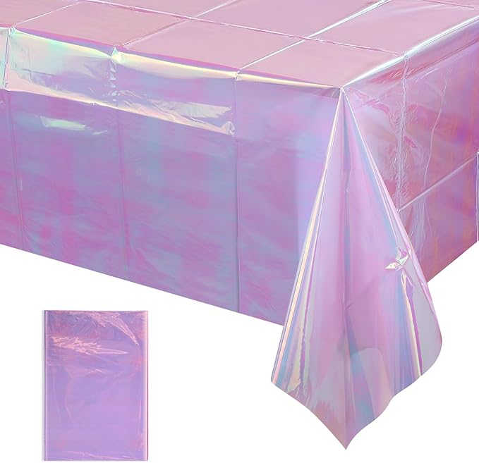 FunnyPars 1 Pack Light Purple Plastic Tablecloths for Rectangle Tables, Shiny Disposable Laser Rectangle Table Covers Foil Tablecloth Iridescent Party Decoration Birthday Bridal Wedding, 39x108 Inch