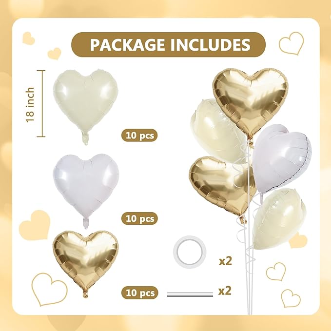 TONIFUL 30Pcs 18 Inch Champagne Gold Cream White Balloons White Heart Shape Foil Mylar Banners Decoration for Birthday Valentine's Day Wedding Bridal Shower Anniversary Engagement Party Supplies