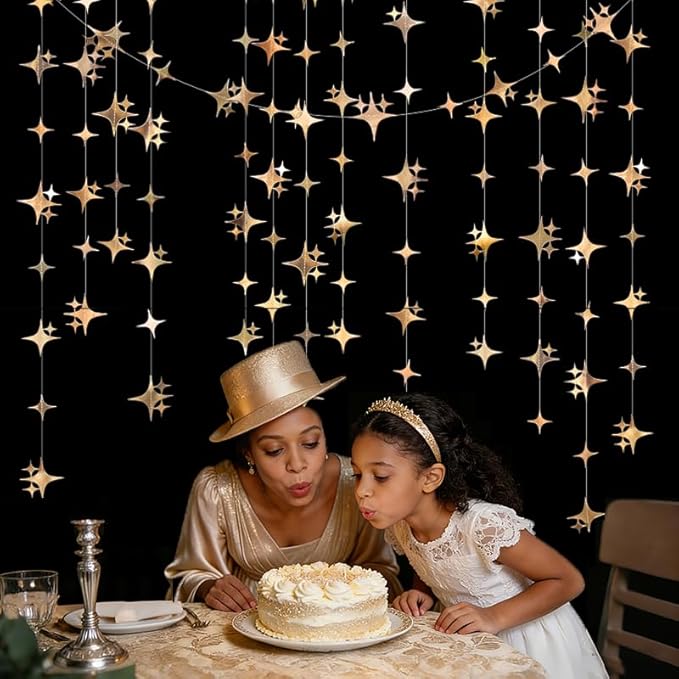 Glitter Champagne Four-Angle Star Paper Garland Banner Décor 40 Feet Twinkle Champagne Star Hanging Bunting Banner Backdrop for Wedding Baby Shower Birthday Graduation Disco Party Decorations