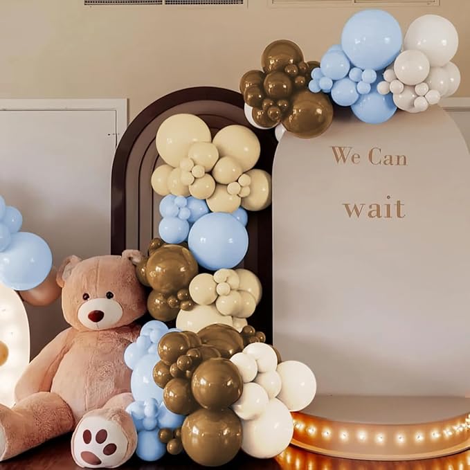 Dusty Blue Brown and White Balloon Arch Kit, 160Pcs Pastel Blue Coffee Brown White Sand Neutral Balloons Garland for Baby Shower Gender Reveal Wedding Birthday Party Decoration