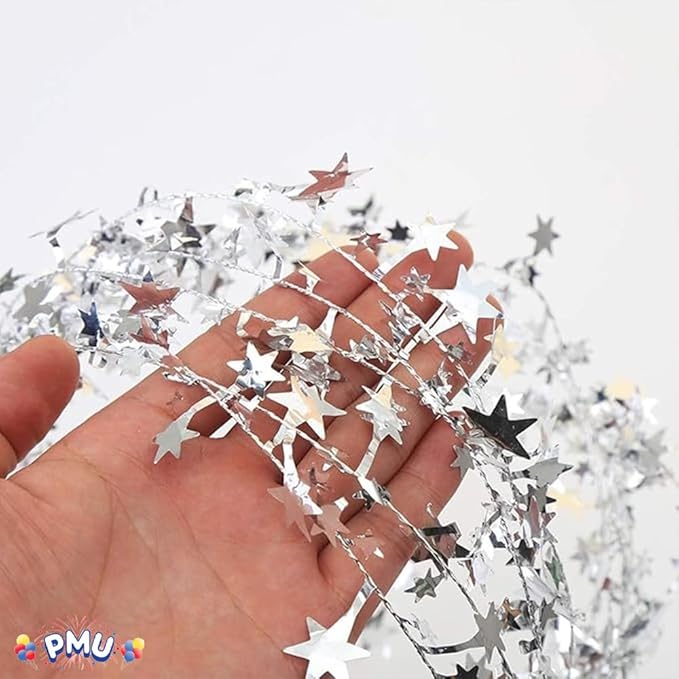 PMU 25 Ft Star Wire Shiny Garland Silver - Halloween, Christmas Party, Wedding, Birthday, Festive Home Decoration Ornament Silver