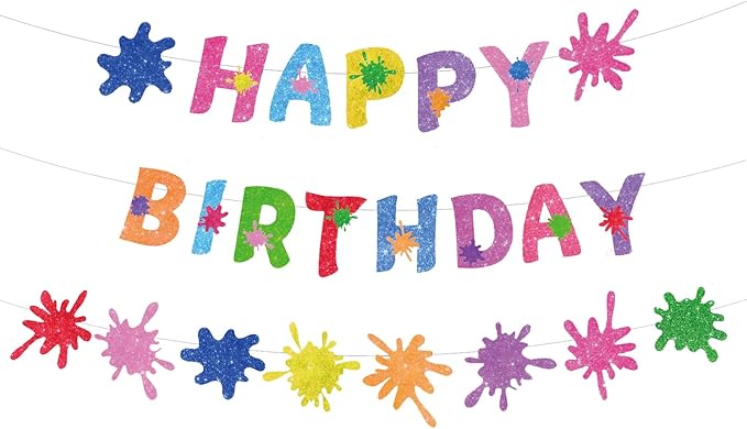 Zwiebeco Colorful Graffiti Paint Art Happy Birthday Banner Hanging Paper Sign for Girls Boys Kids Adults Party Decoration Supplies