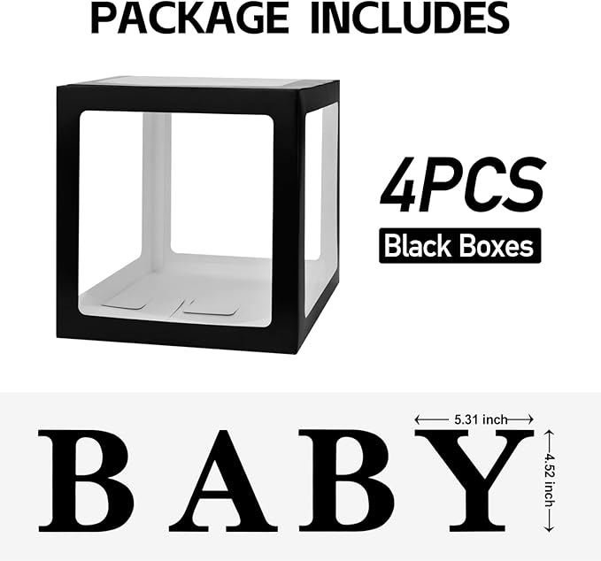 Baby Boxes with 4 PCS Letters for Baby Shower Black Clear Balloon Box Blocks Gender Reveal Decorations and Birthday Party (Black)