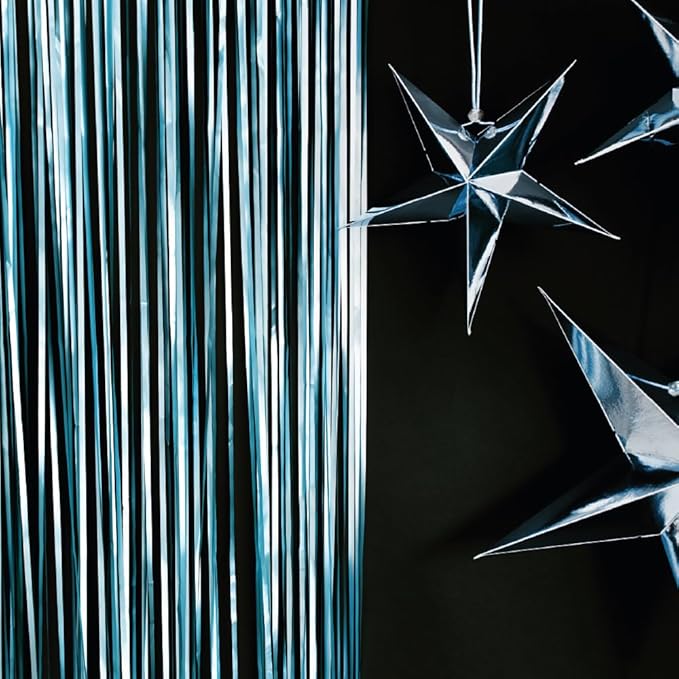 Pack of 2 Matte Blue Foil Fringe Curtains – Blue Tinsel Backdrop for Photo Booth, Birthday, Wedding, Baby Shower, Bachelorette, Christmas & Holiday Party Decorations